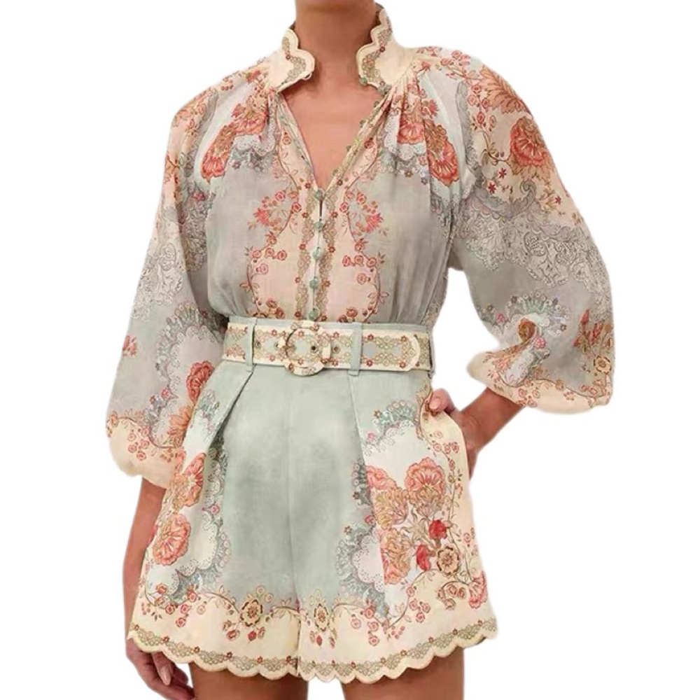 Designer-style Daylight Blouse and Shorts Set - Light Blue and Cream